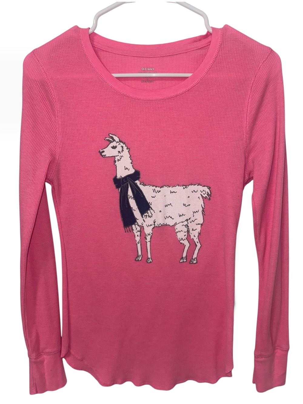 Old Navy Medium Pink Llama Graphic Thermal Waffle Knit Long Sleeve Shirt